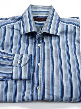 ETRO Men's 42 Blue Stripe Long Sleeve Button Front Shirt